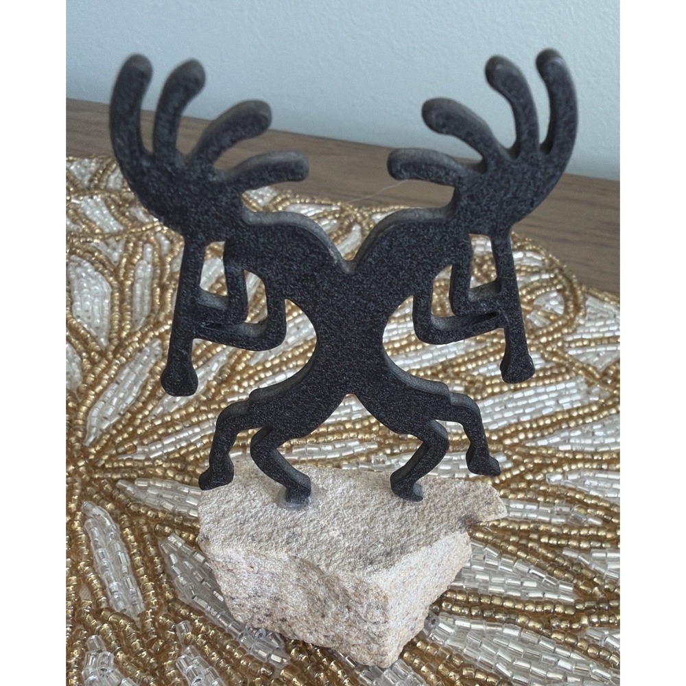 Vintage Style Kokopelli Double Dancer Metal Figurine Stone Base 4" EUC